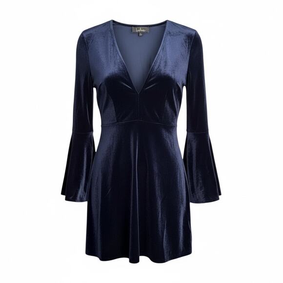 Lulus Navy Blue Velvet Bell Sleeve Skater Dress Small Deep V Cocktail Party - Picture 3 of 12